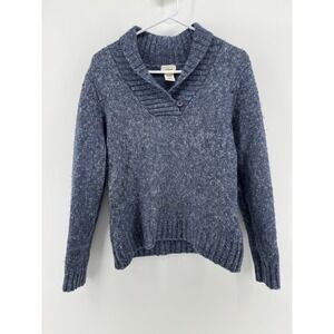 LL Bean Sweater Womens S Shawl Collar Wool Blend Marled Knit Blue Warm Cabin